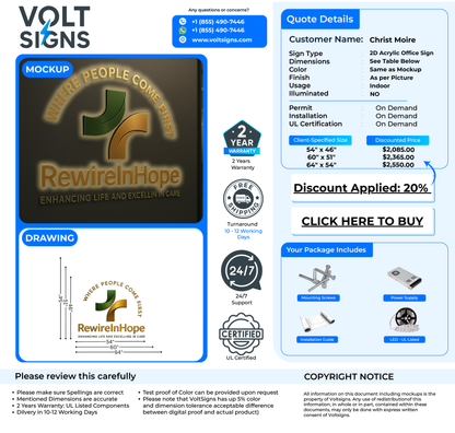 Volt Signs mockup and quote showing a gold RewireInHope logo with contact details, sizes, prices and 20% discount.
