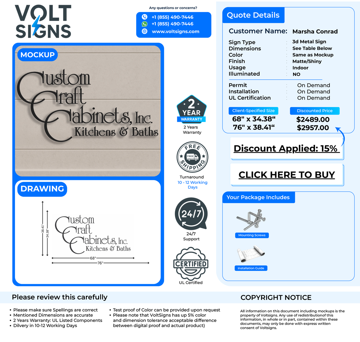 A VoltSigns mockup and quote showing a beige 'Custom Craft Cabinets, Inc.' 3D sign, sizes, prices, and service icons.
