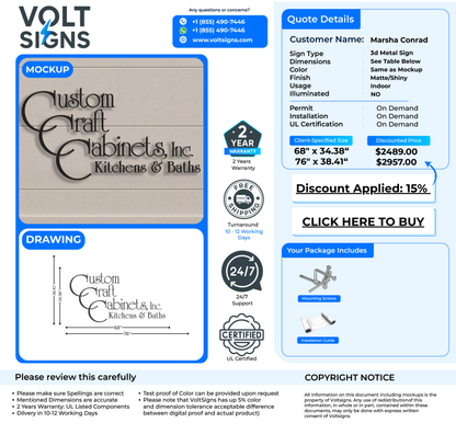 A VoltSigns mockup and quote showing a beige 'Custom Craft Cabinets, Inc.' 3D sign, sizes, prices, and service icons.