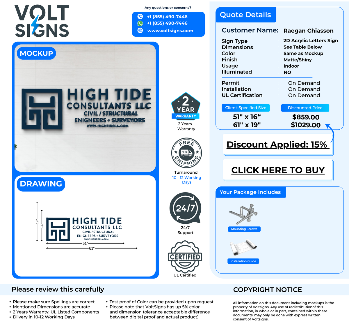Volt Signs mockup showing High Tide Consultants LLC 2D acrylic letter sign with quote details for Raegan Chiasson.