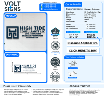 Volt Signs mockup showing High Tide Consultants LLC 2D acrylic letter sign with quote details for Raegan Chiasson.