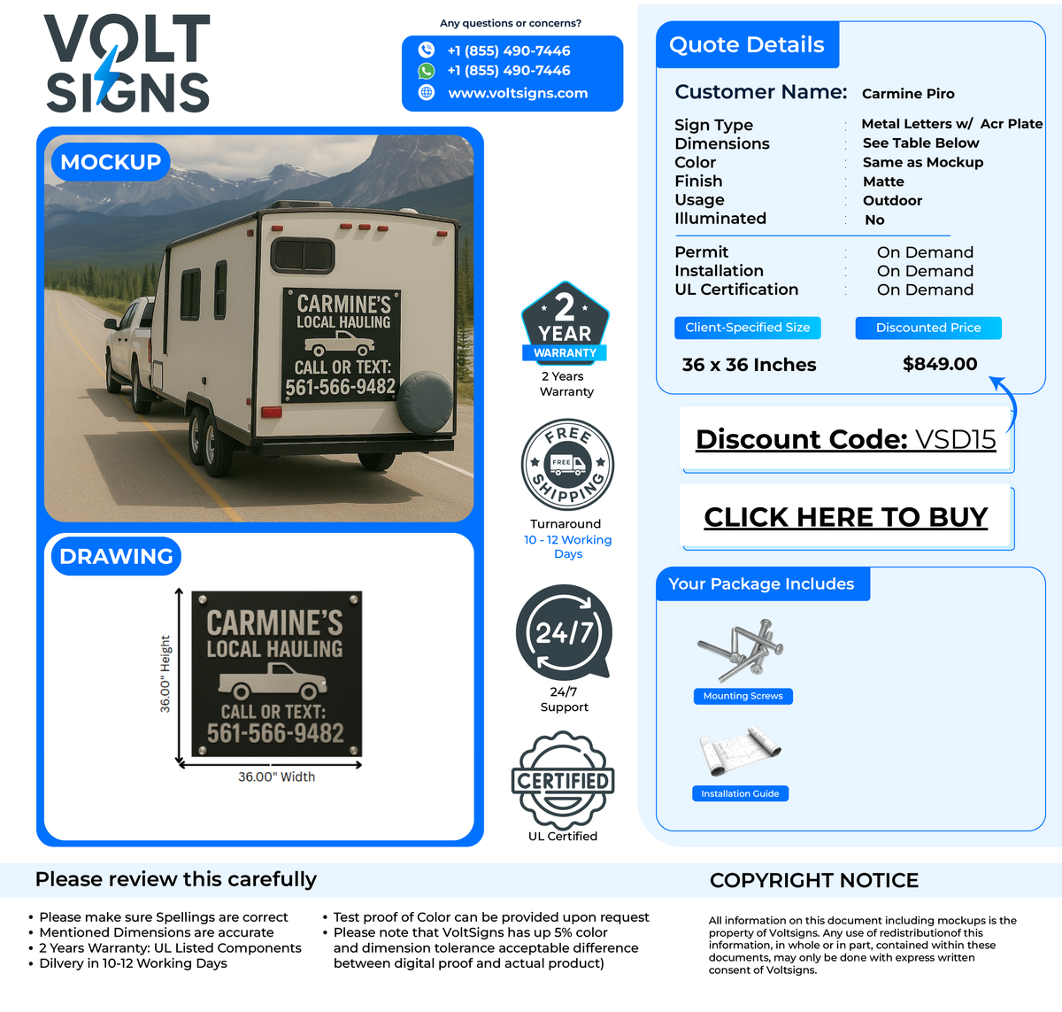 Volt Signs mockup showing a trailer with a black 'Carmine's Local Hauling' sign, phone 561-566-9482.