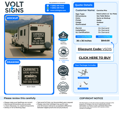 Volt Signs mockup showing a trailer with a black 'Carmine's Local Hauling' sign, phone 561-566-9482.