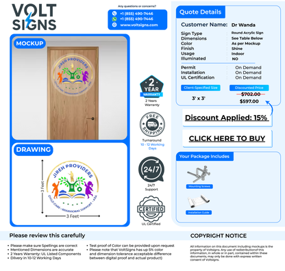 Volt Signs mockup showing a round acrylic sign on a wooden door and quote details with customer name visible.