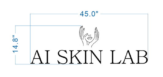 Size drawing of a 45-inch wide by 14.8-inch tall custom AI Skin Lab sign with face and hands design for Volt Signs