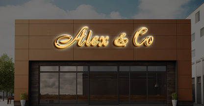 Gold illuminated script sign 'Alex & Co' above dark glass storefront on brown paneled facade with potted plants.