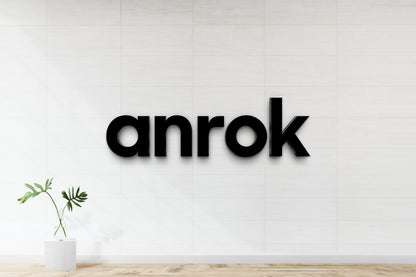 Anrok metal business sign in black, main view for custom commercial branding, main view by Volt Signs