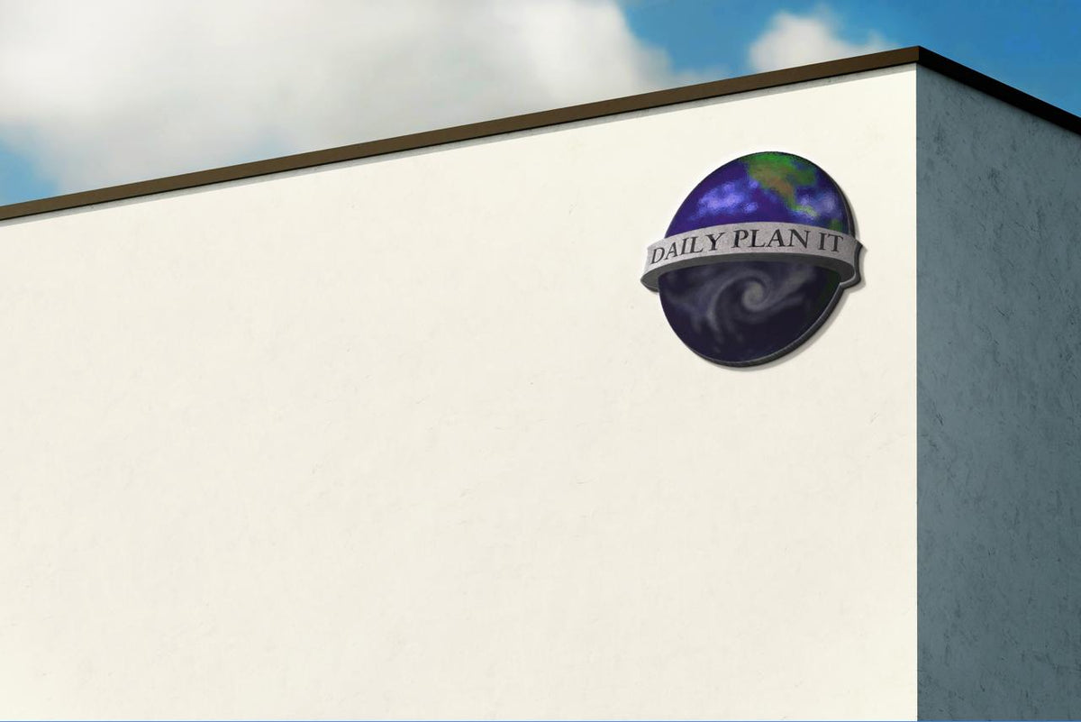 White building corner under blue sky with round blue-green globe logo and gray ribbon reading 'DAILY PLAN IT'.