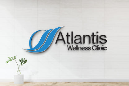 Atlantis metal business sign in blue and white, main view for custom commercial branding