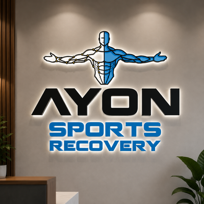 Backlit custom 3D wall sign for Ayon Sports Recovery with black and blue lettering and a human figure logo by Volt Signs