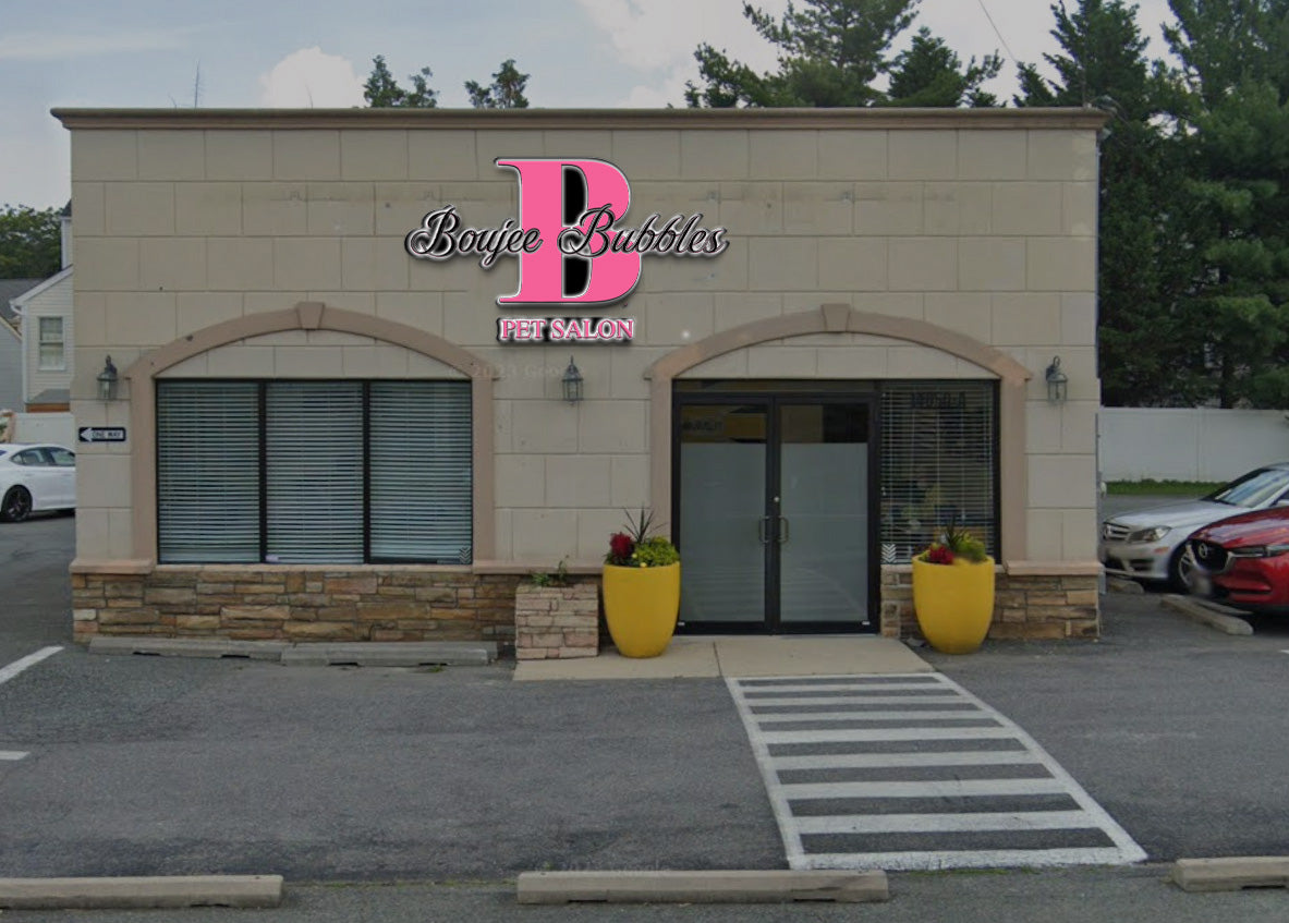 Boujee Bubbles Pet Salon storefront with large pink B logo, glass double doors, two yellow planters and striped cross.