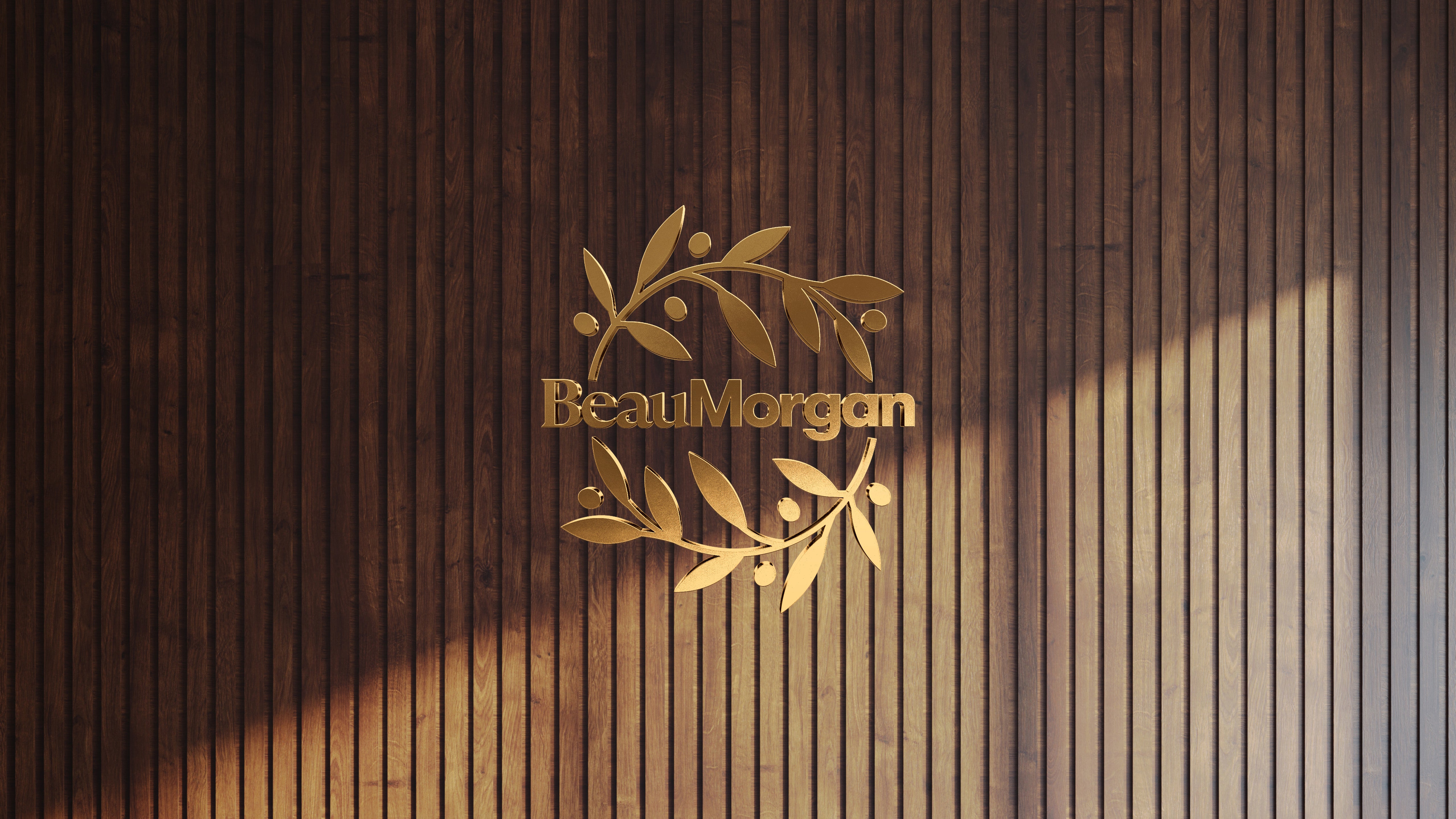 BeauMorgan polished gold metal 3D logo sign with olive laurel wreath emblem on dark wood slat interior wall, premium boutique brand.
