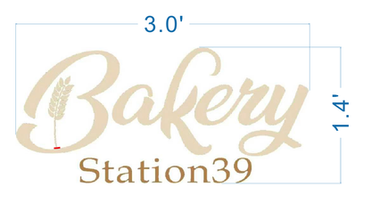 Size drawing of a 3-foot wide by 1.4-foot tall Bakery Station custom sign with beige and brown lettering
