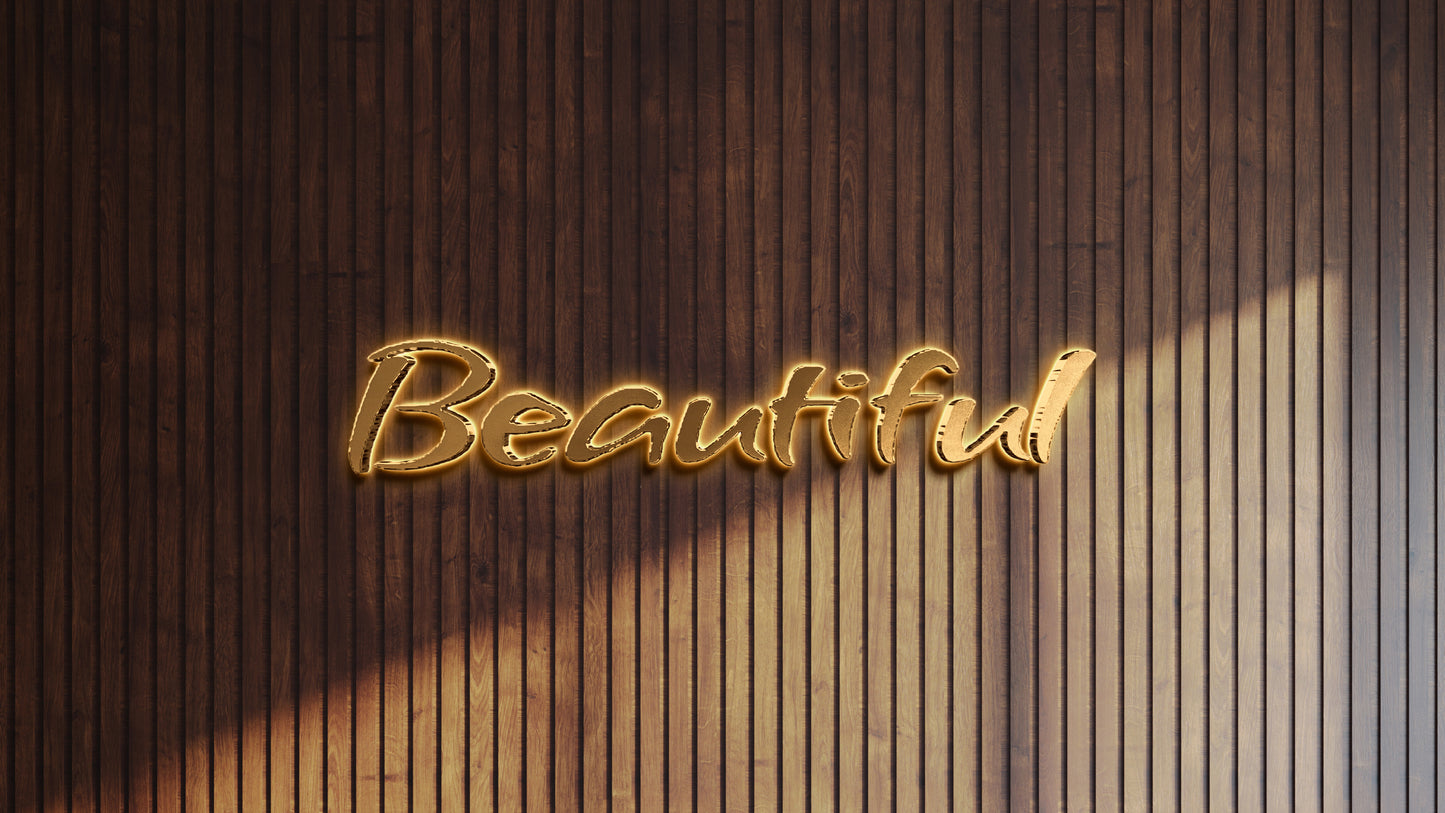 Gold neon cursive 'Beautiful' sign glowing warmly on dark vertical wooden slat wall with soft shadows.