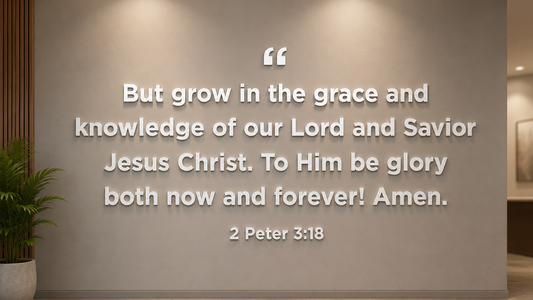 Wall-mounted custom 3D lettering sign displaying a Bible verse in white on beige wall by Volt Signs mockup