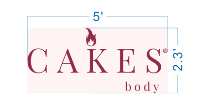 CAKES body logo banner on pale pink rectangle with burgundy serif letters and flame icon blue dimension lines 5' by.