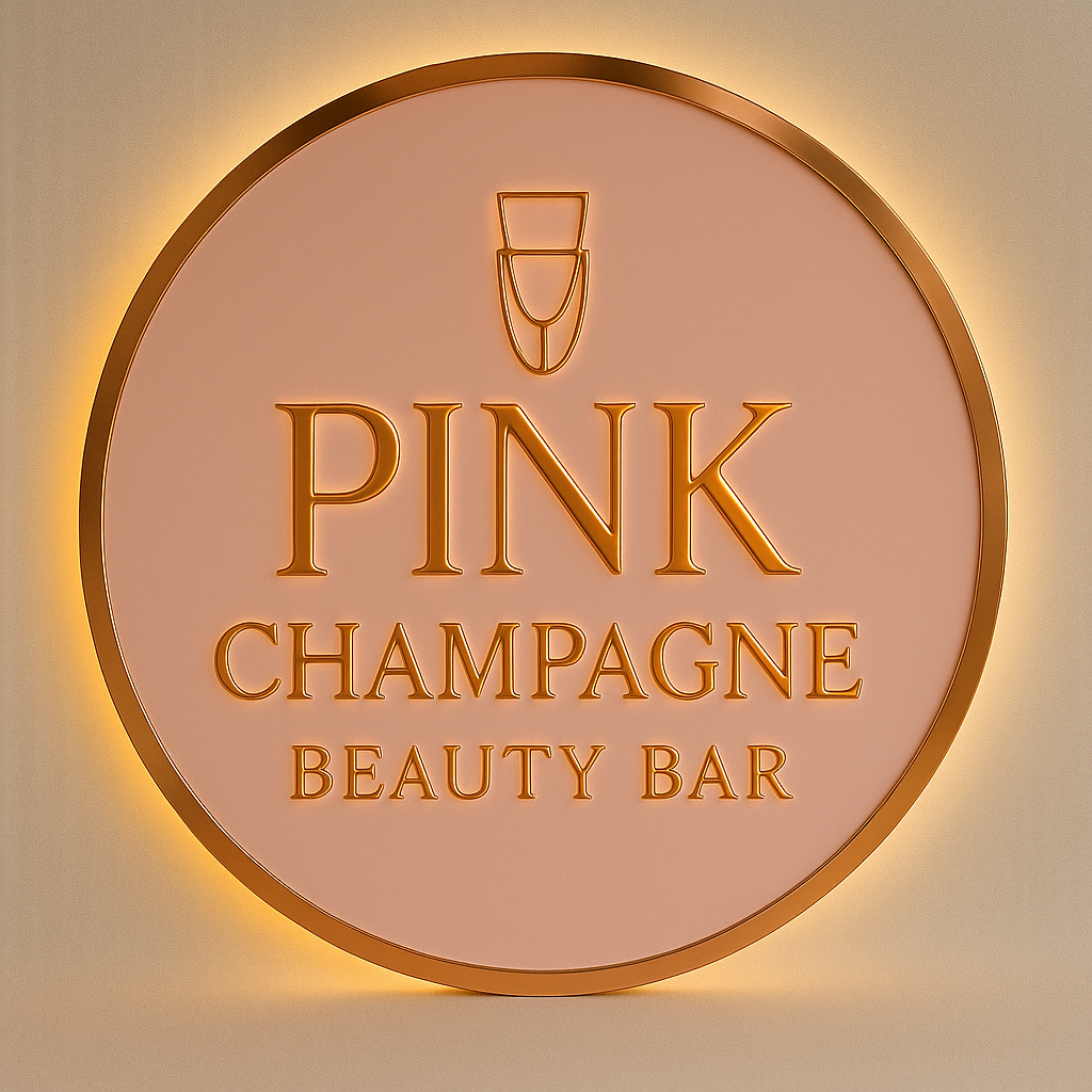 Round pink wall sign with gold rim and embossed gold text 'PINK CHAMPAGNE BEAUTY BAR' and champagne icon.