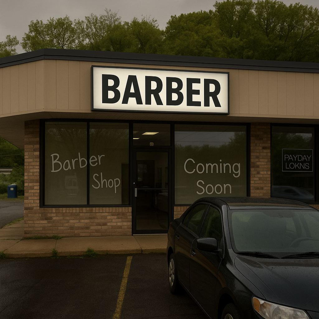 A storefront barber shop with illuminated BARBER sign, car parked outside, and Volt Signs custom sign