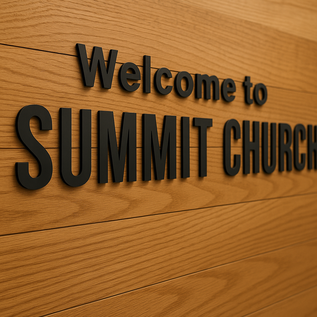Black 3D letters reading 'Welcome to SUMMIT CHURCH' mounted on a warm light wood-paneled wall.