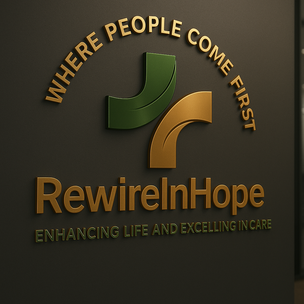 Gold and green 3D logo on a dark wall reading 'RewireInHope' with arched 'WHERE PEOPLE COME FIRST' and a tagline.