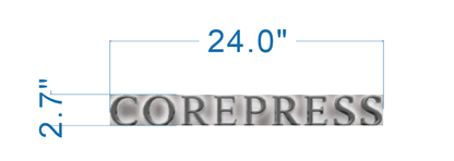 Diagram showing 'COREPRESS' uppercase text with blue dimension lines 24.0" wide and 2.7" high on white background