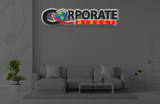 Custom Corporate Direct logo sign with globe and arrow design in office lobby, showcasing Volt Signs expertise.