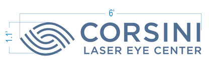 Blue stylized concentric curved-line eye icon with measurement marks and text CORSINI LASER EYE CENTER in blue.