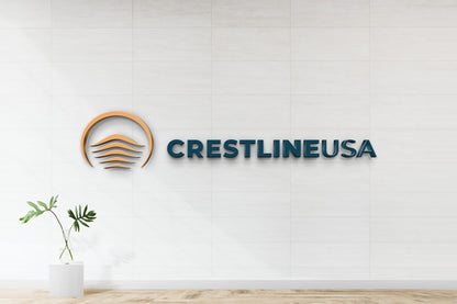 Custom Crestline USA 3D dimensional logo sign with orange sun-over-mountain icon and navy wordmark, nonlit office wall mockup.