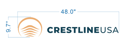 Custom Crestline USA logo sign size proof by Volt Signs, 48 inch wide layout with orange sun icon and navy wordmark, business signage design.