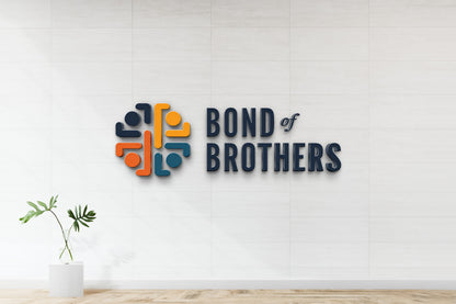 Wall-mounted 'BOND of BROTHERS' navy 3D letters with circular orange, yellow, teal and navy emblem; glass vase plant.