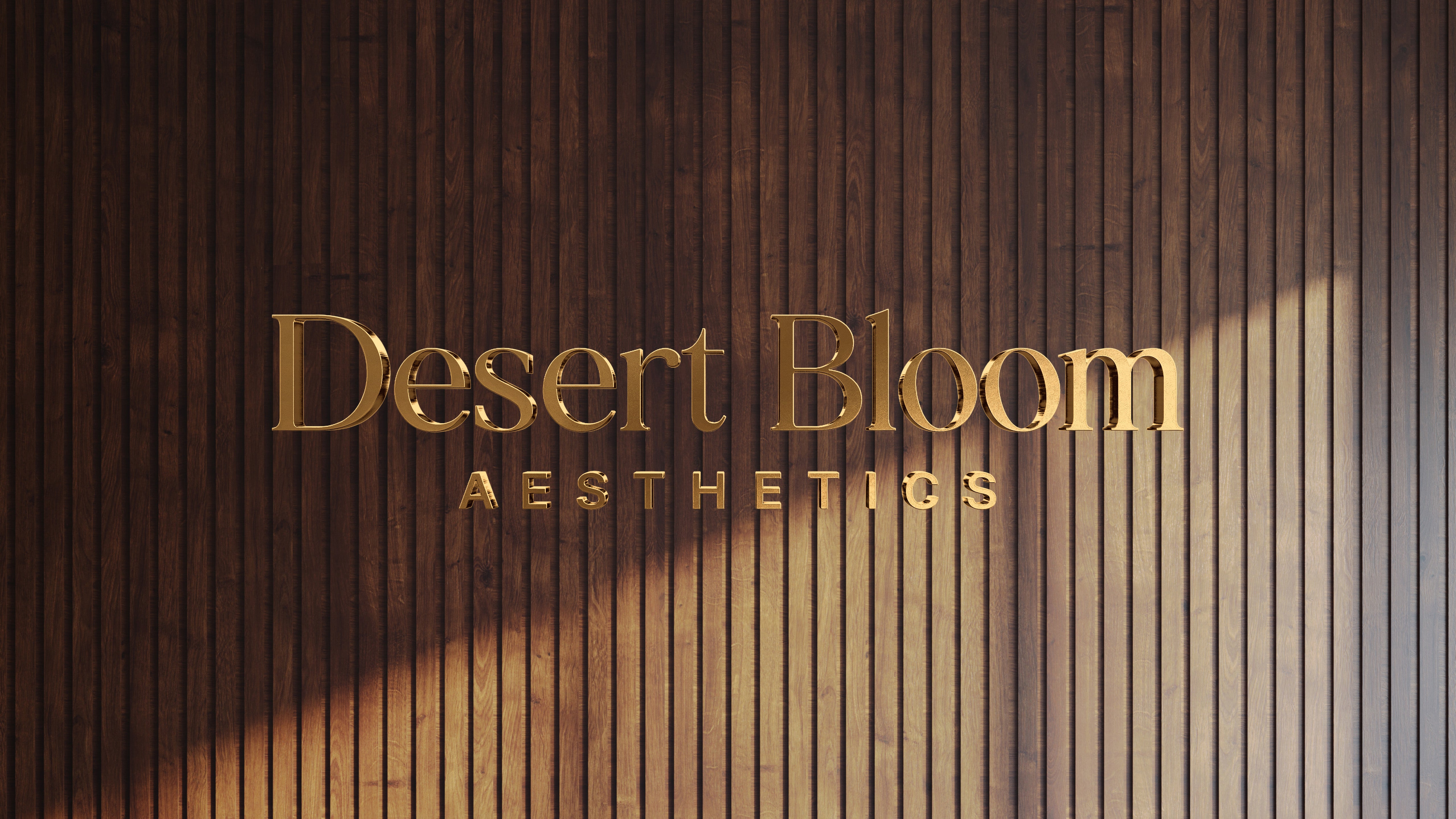 Desert Bloom Aesthetics 3D gold metal logo sign mounted on wood slat interior wall, nonlit dimensional letter signage.