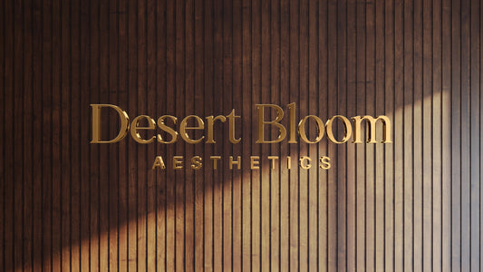 Desert Bloom Aesthetics 3D gold metal logo sign mounted on wood slat interior wall, nonlit dimensional letter signage.