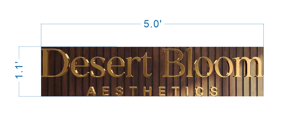 Custom 3D gold metal logo sign for Desert Bloom Aesthetics on wood slat backplate, 5 foot wide premium aesthetics studio signage.