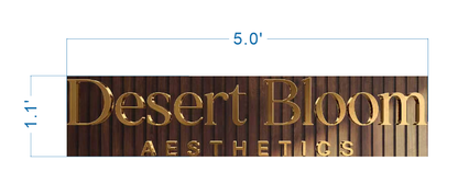 Custom 3D gold metal logo sign for Desert Bloom Aesthetics on wood slat backplate, 5 foot wide premium aesthetics studio signage.