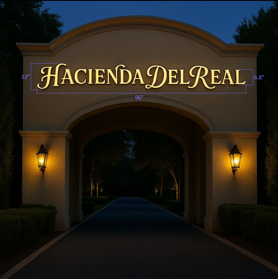 Teal 'OCEANIA V' logo with circular wave emblem, black dimension arrows and labels showing heights and 11' length.Beige stucco arch at night with illuminated gold 'HACIENDA DEL REAL' lettering, blue dimension lines, two wall lanterns.