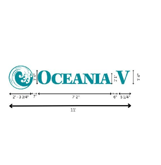 Oceania V custom sign size drawing with wave logo, teal color, and dimensions totaling 11 feet for Volt Signs signage design.