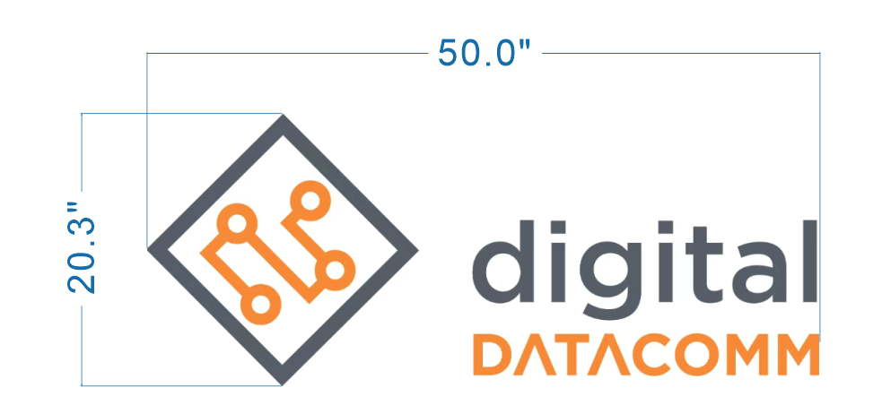 Digital Datacomm logo sign size proof, 50 inch wide layout with orange circuit board diamond icon and gray wordmark for tech brand.