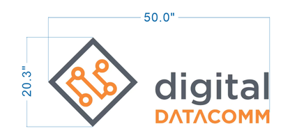 Digital Datacomm logo sign size proof, 50 inch wide layout with orange circuit board diamond icon and gray wordmark for tech brand.