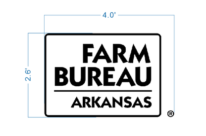 Farm Bureau Arkansas logo sign size proof, 4 foot wide layout with bold black wordmark in rounded rectangle frame.