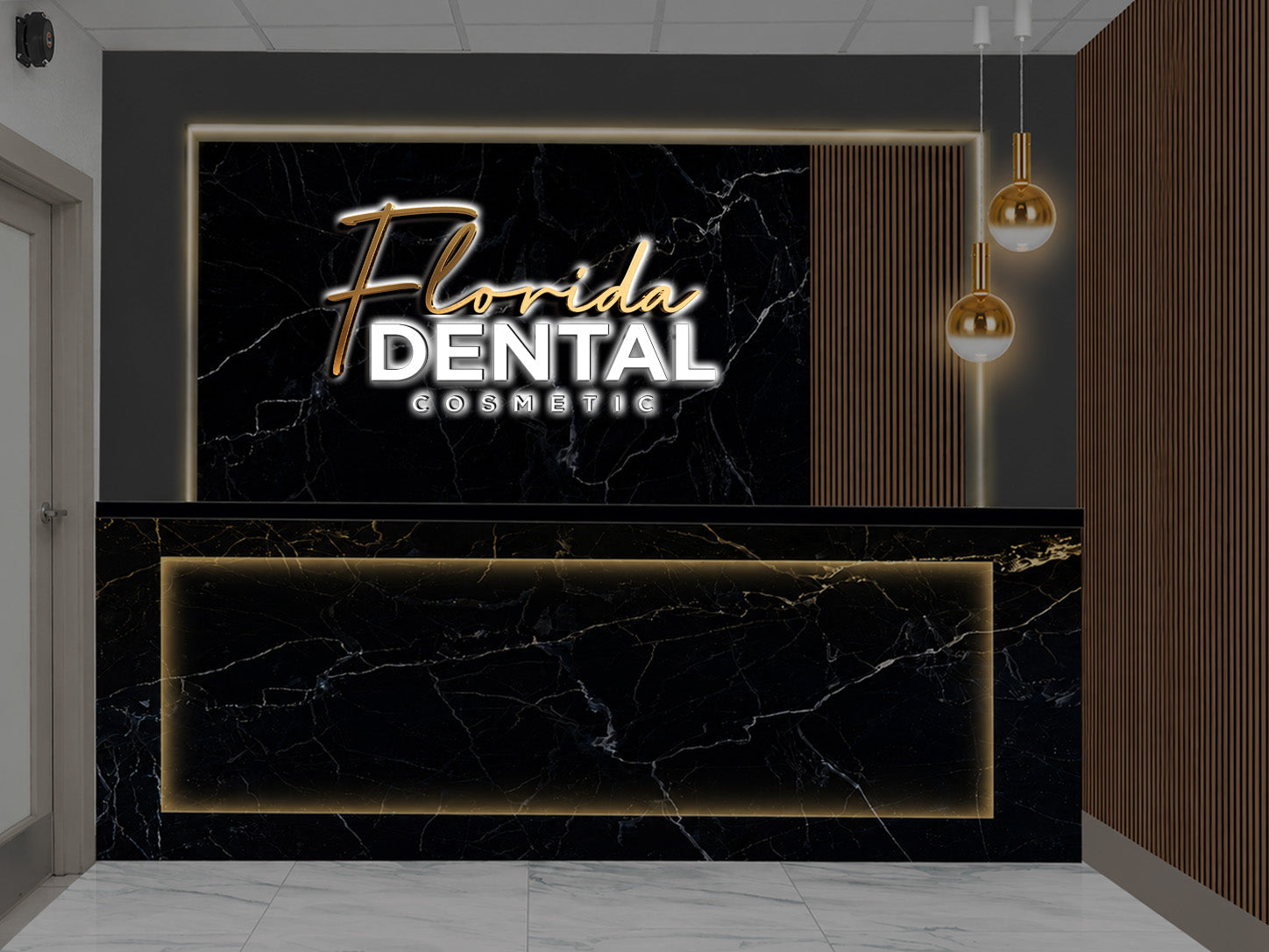 Florida Dental Cosmetic 3D halo backlit logo with gold script Florida and white DENTAL on black marble reception wall, premium dental office.