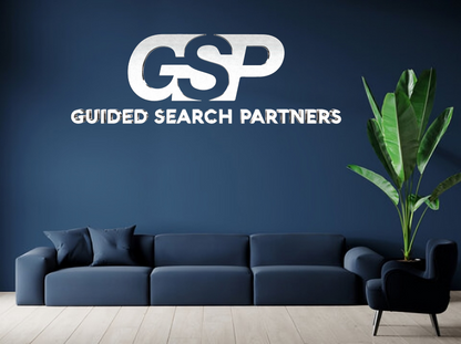 GSP Guided Search Partners 3D brushed metal logo sign with bold monogram and wordmark on navy office wall, executive recruiting firm mockup.