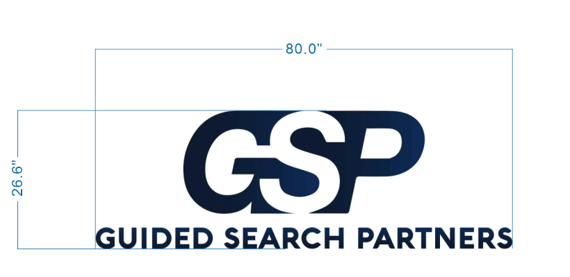 GSP Guided Search Partners logo sign size proof, 80 inch wide layout with bold navy monogram and wordmark for executive recruiting firm.