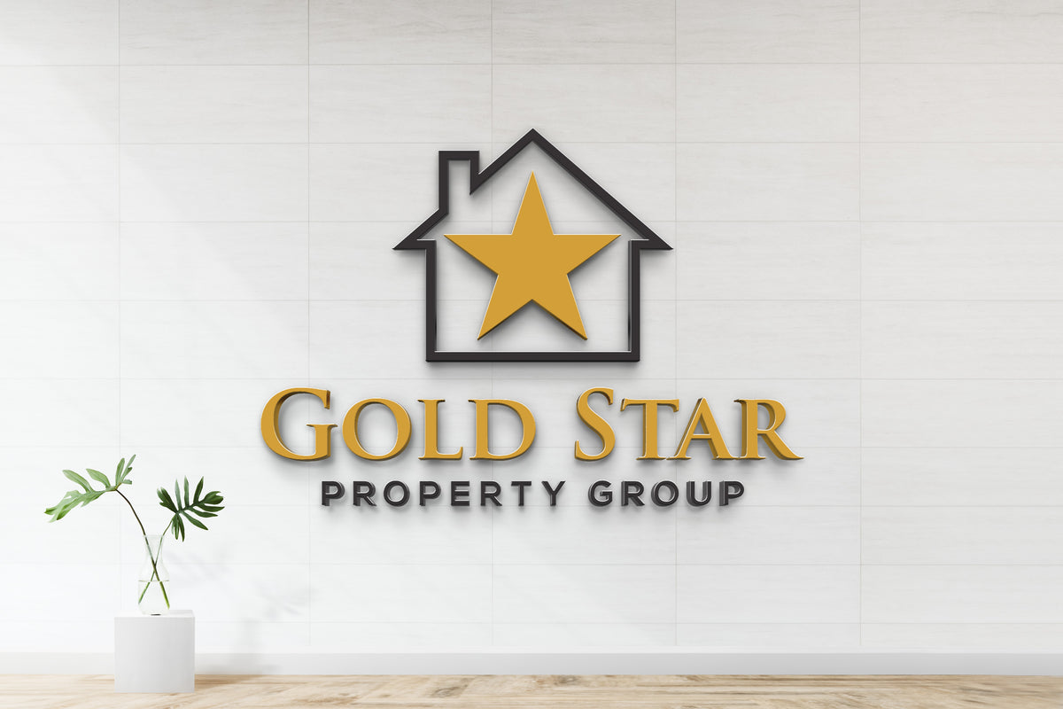 Gold Star Property Group logo: black house outline with gold star and gold text on white tiled wall, plant left.