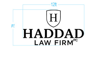 HADDAD LAW FIRM black logo with shield H above HADDAD and LAW FIRM PC, light-blue measurement lines 12ft by 7ft.