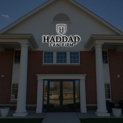 HADDAD LAW FIRM PC illuminated shield 'H' sign on red brick facade with two white columns and glass double doors.