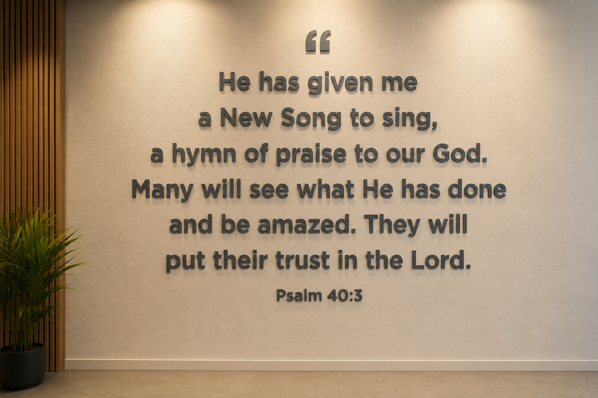Custom 3D wall signage with Psalm 40:3 quote in dark gray mounted on textured beige wall, Volt Signs mockup
