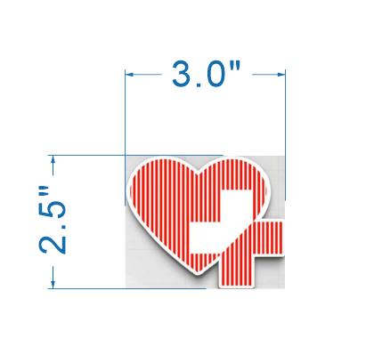 Custom heart with medical cross plus emblem size proof by Volt Signs, 3 inch wide small badge with red striped pattern for healthcare brand.