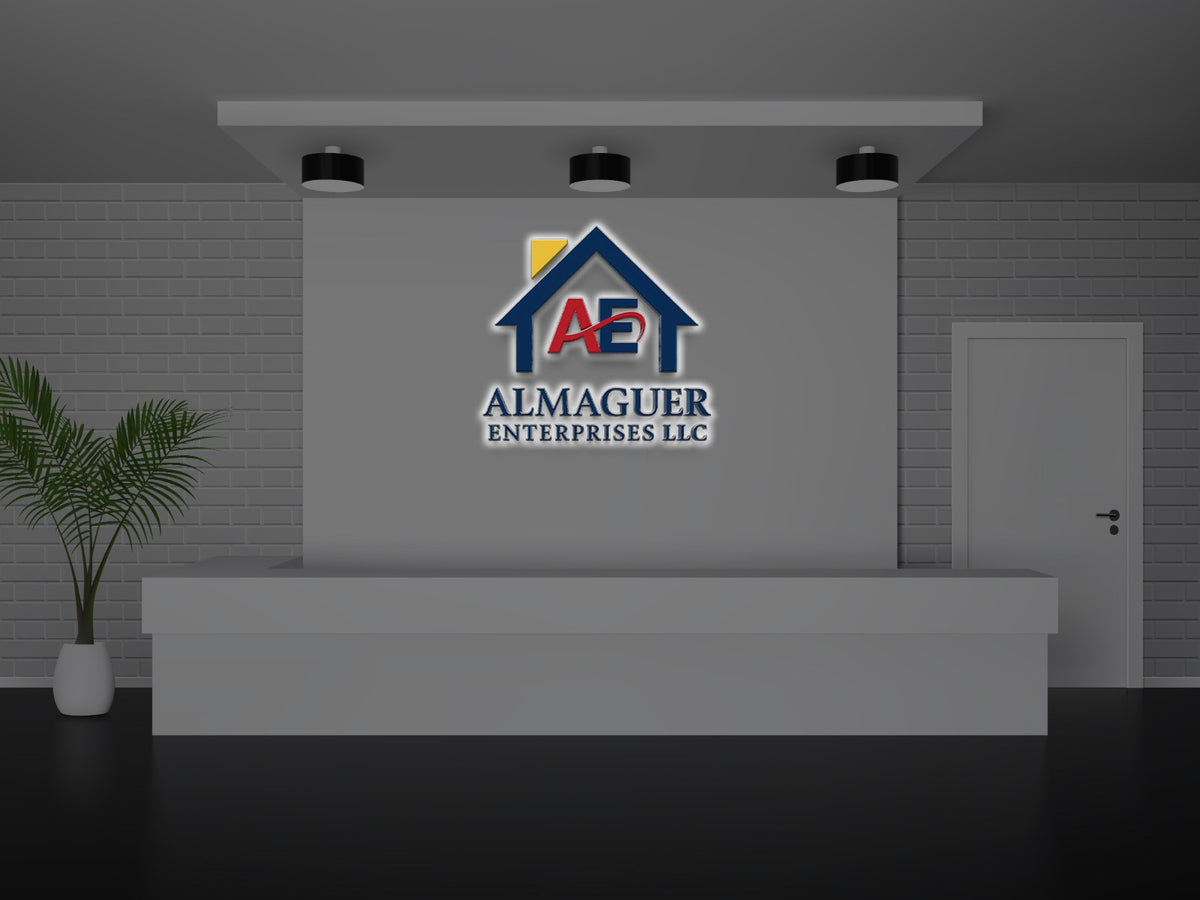 Gray reception with centered Almaguer Enterprises LLC blue-and-red house logo, white desk, potted palm, gray brick wall.