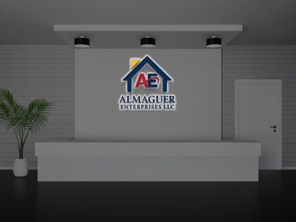 Gray reception with centered Almaguer Enterprises LLC blue-and-red house logo, white desk, potted palm, gray brick wall.