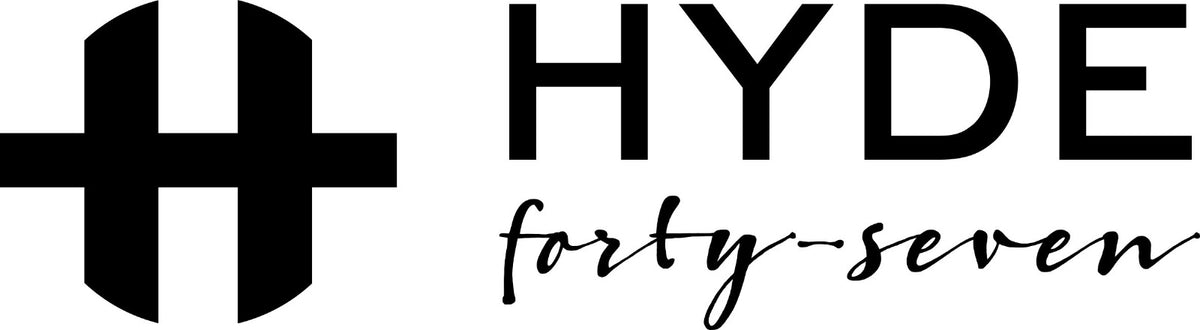 Black and white logo with a bold stylized H emblem on the left and 'HYDE' above cursive 'forty-seven' on the right.